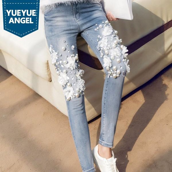 

new embroidered flares jeans woman fashionable ankle-length pants luxury diamond slim stretch jeans party denim trousers, Blue