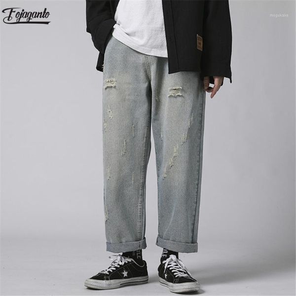 

fojaganto new japanese straight jeans men's spring summer tide brand retro distressed washed jeans men's hole denim pants male1, Blue