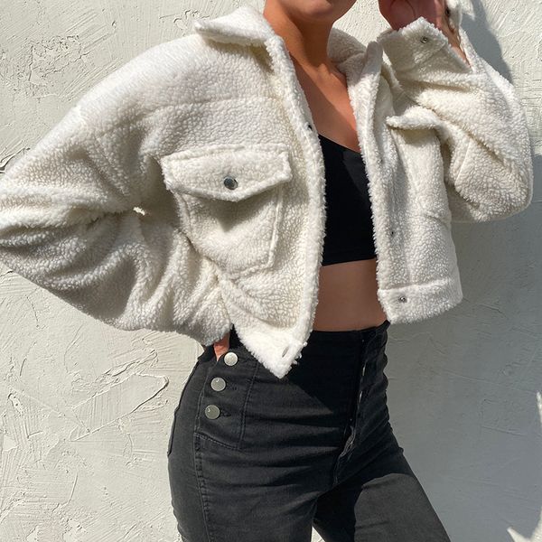 

casual furry lamb woolen coat women's autumn winter short jacket female 2020 keep warm cropped overcoat single breasted outwearx1016, Black;brown