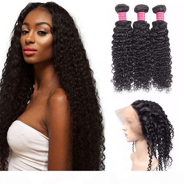 

360 lace frontal with 3bundles peruvian kinky curly with closure wet and wavy full 360 frontal band with curly human hair weave bundles, Black;brown