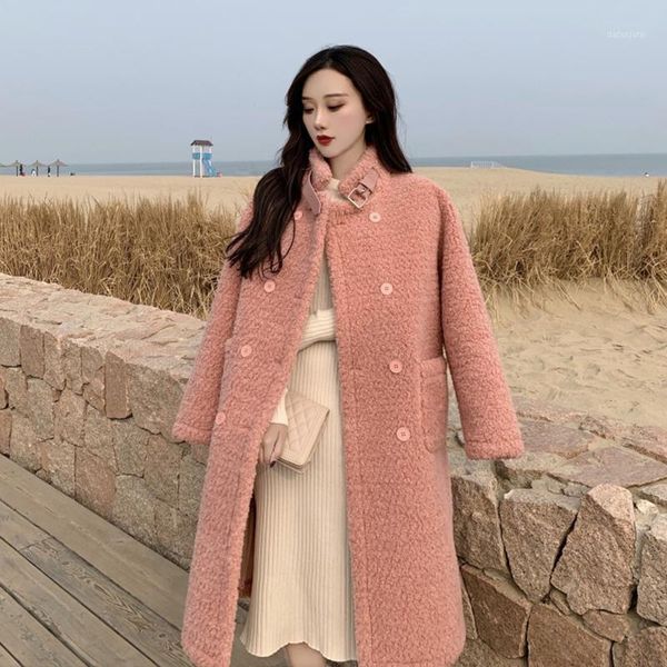 

solid lamb woolen blends coat women winter warm thick faux fur jackets female korean simple double-breasted plus size wool coat1, Black