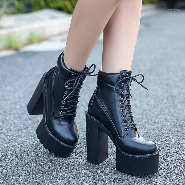 

lady fashion boots women solid color lace up shoes soft leather platform boots luxury party ankle thick bottom high heels1, Black