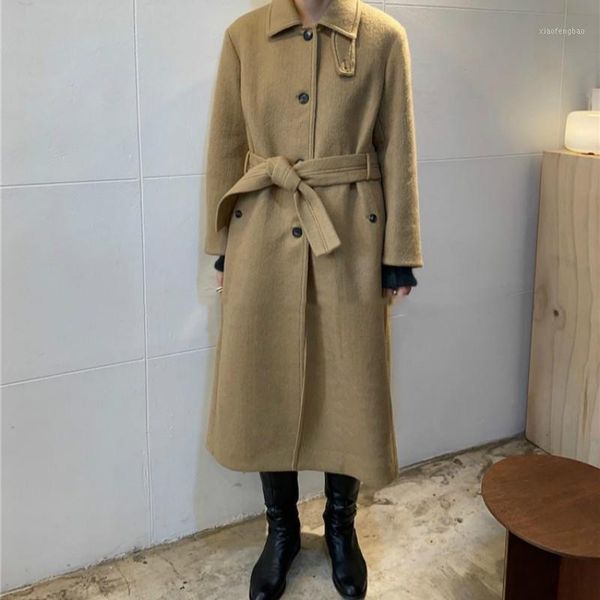 

women autumn winter camel long wool coat long sleeve jacket turn-down collar pocket woolen overcoat loose outwear1, Black