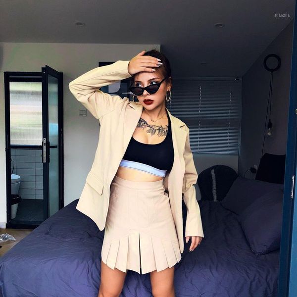 

women suit with skirt elegant office blazer and skirt set business pleated jacket siuts solid two piece set 20191, White;black