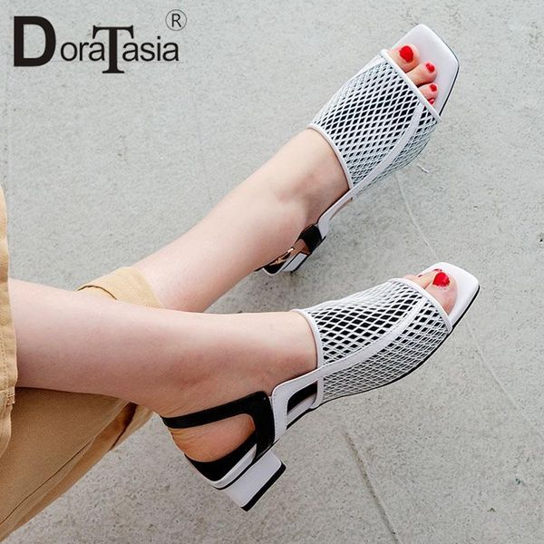 

dress shoes doratasia 2021 genuine leather summer party elegant women air mesh woman chunky heel sandals woman1, Black