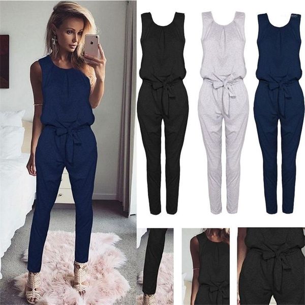 

2020 summer new sleeveless outfit round neck straps backless pencil pants high waist women casual bandage jumpsuit1, Black;white