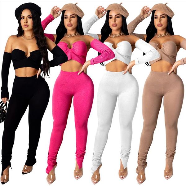 

zoctuo solid two piece set slash neck womens set crop and stacked pants long sleeve tracksuit club women outfits, Gray