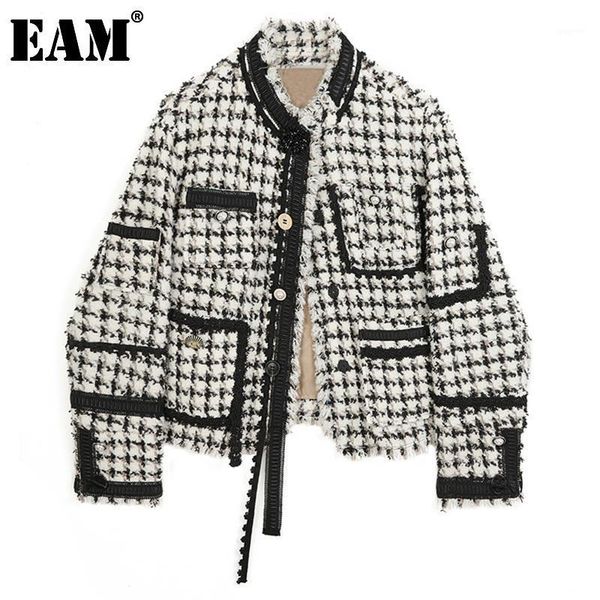 

eam] loose fit tweed plaid burrs woolen coat parkas new stand collar long sleeve women fashion tide autumn winter 2021 1dd10161, Black