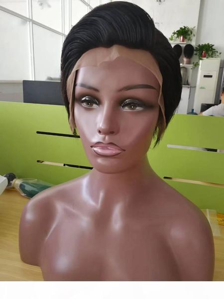 

short straight human hair wigs glueless lace front wigs pixie short cut lace front ladies wig wholesale malaysian wigs for black women, Black;brown