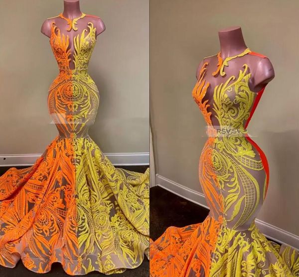 Lange elegante Ballkleider 2022 Sheer O-Ausschnitt Orange und Gelb Pailletten Afrikanische Frauen Schwarze Mädchen Meerjungfrau Abendkleider Partykleider PRO232