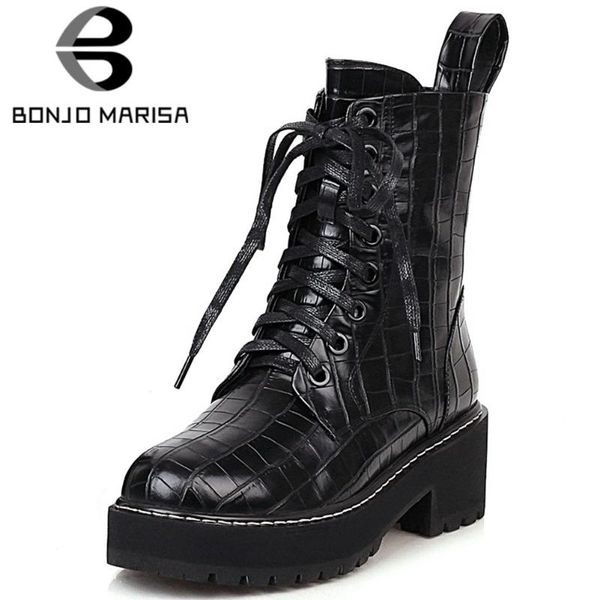 

bonjomarisa ladies lace-up punk platform boots high chunky heels ankle boots women 2020 brand lace-up street women shoes, Black