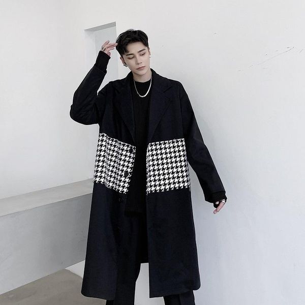 

male streetwear vintage fashion loose woolen windbreaker jacket overcoat men plaid splice wool long trench coat outerwear, Tan;black