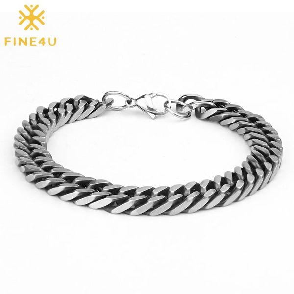 

link, chain fine4u b209 stainless steel wide curb bracelet for men women punk double cuban rombo link bracelets, Black