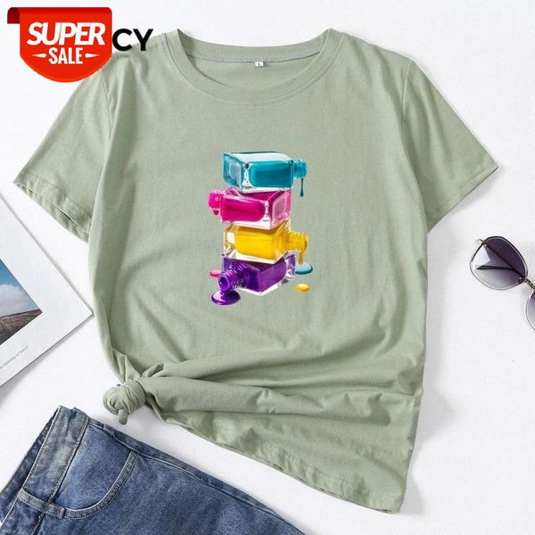 

jfuncy plus size 100% cotton summer streetwear vogue women shirts nail polish print tshirt multicolor female t-shirt woman #7j8o, White