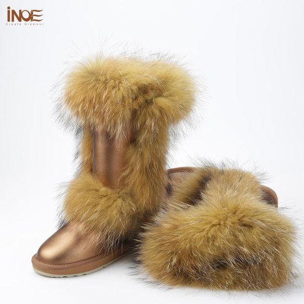 

boots inoe 2021 knee high fur winter for women snow keep warm shoes cow split leather waterproof gold black