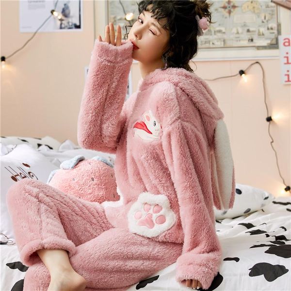 

elan milre pajamas women age season autumn/winter paragraph coral fleece leisure wear flannel with velvet thickening cute outfit, Black;brown