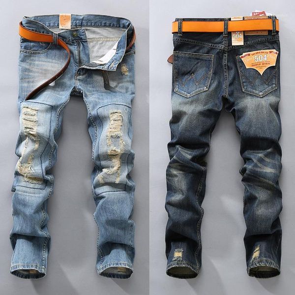 

fashion men's destroyed distressed jeans trousers men slim fit ripped straight patch blue denim jeans1