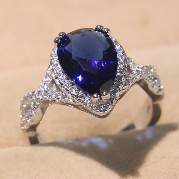 

Size 5-10 Luxury Jewelry 925 Sterling Silver Pear Cut Blue Sapphire CZ Diamond Gemstones Party Promise Women Wedding Bridal Ring Gift