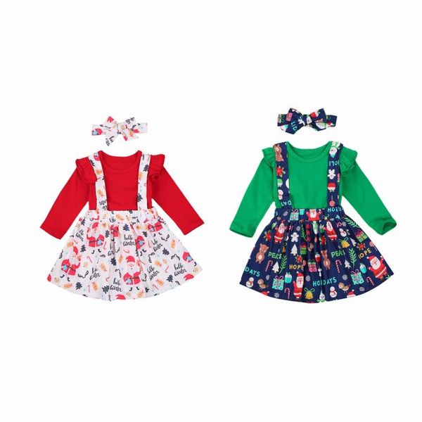 

kids newborn baby girl long sleeve t-shirt +bowknot suspender skirt+headband clothes cute baby winte christmas outfits set, White