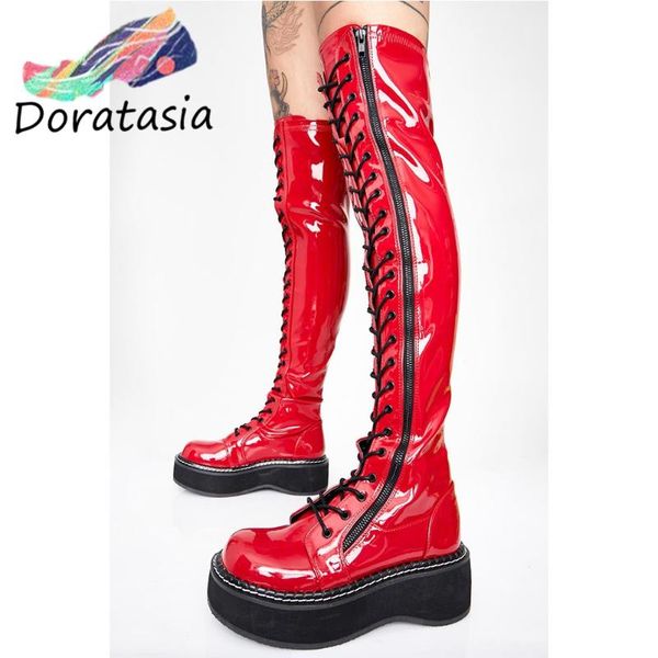 

boots brand big size 44 wedges lady platform lace up sewing over the knee women luxury autumn shoes woman, Black