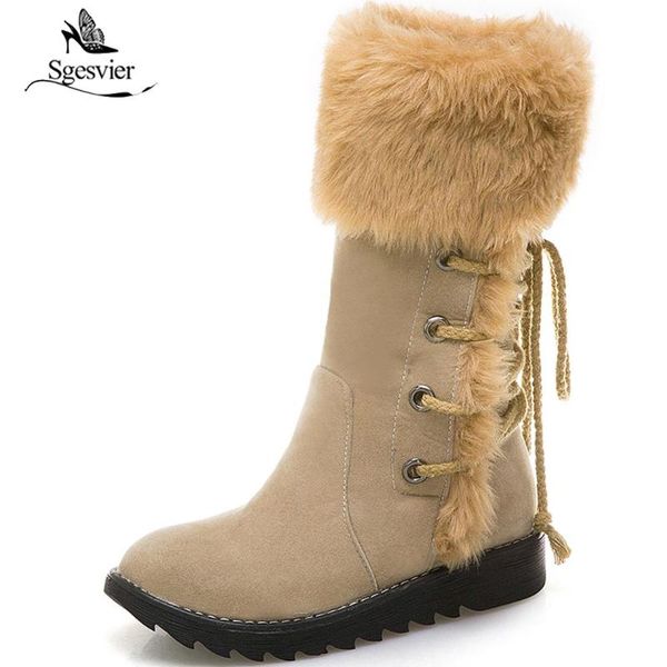 

sgesvier keep warm winter snow boots women round toe flock platform boots lace up fashion comfortable mid calf b695, Black