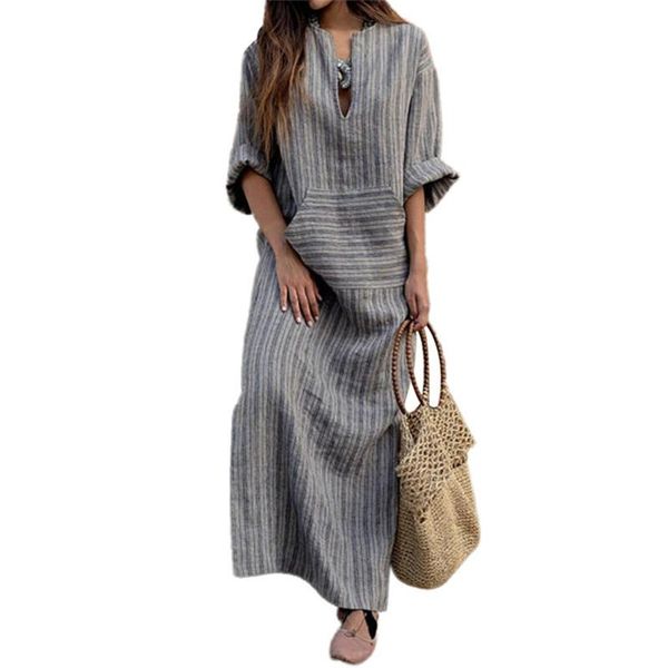 

vintage striped long dress autumn new women straight dresses three quarter turn-down cuff dresses plus size mid-calf dress a0, Black;gray