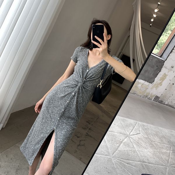 

grey ice silk knitted 2020 new summer split temperament dress long skirt dress goddess style slim v-neck mid long skirt bkreb, Black;gray