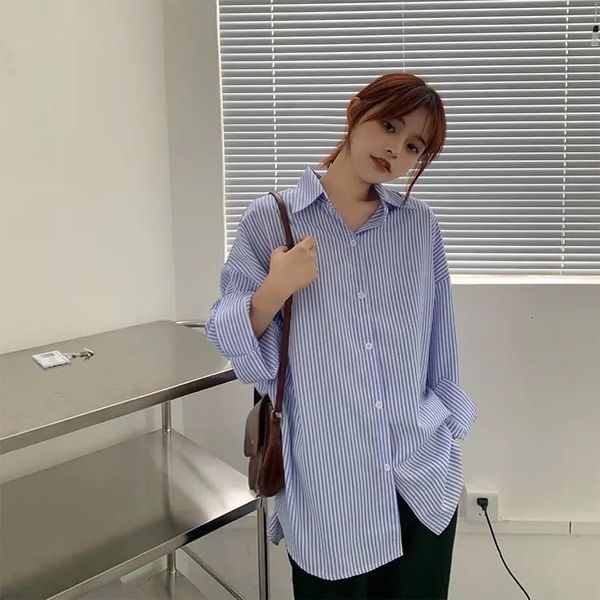 

2021 new blue stripped down lady fashion long spring sleeves vintage shirts button women's clothes z07t, White