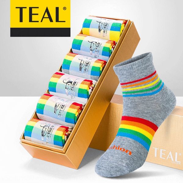 

teal four seasons rainbow stripe children antibacterial odor proof gift cotton socks cotton socks box for 4-6 years old ajogn, Black