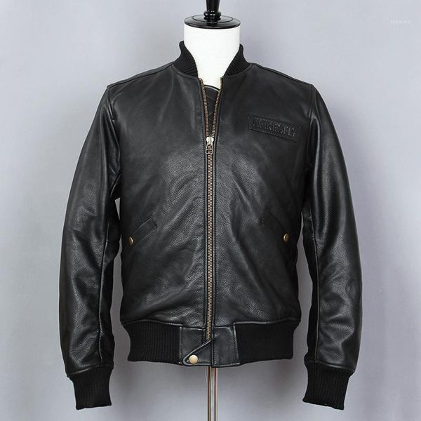 

avirex jacket genuine leather jacket men slim fit stand collar cowskin baseball short black casual coat1