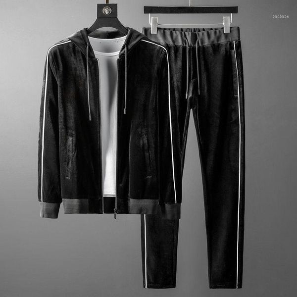 

autumn winter sets (hoodies+pants) luxury pleuche hooded men sweatshirts elastic waist mens pants plus size 5xl1, Gray