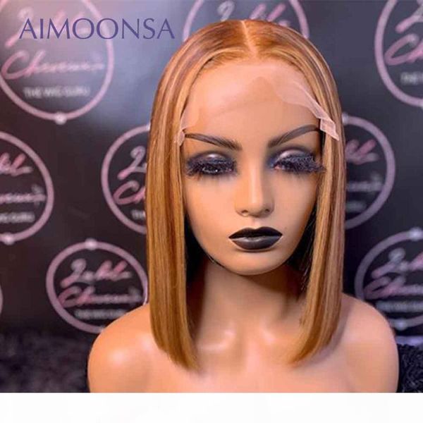

highlight wig honey blonde blunt cut bob wig straight short bob human hair wigs ombre 13x4 lace frontal human hair 150% remy, Black;brown