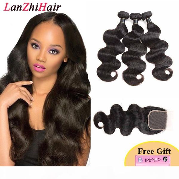 

brazilian body wave hair weft with closure 3 bundles weaves human hair weft with 4x4 closure unprocessed brazilian hair with lace closure, Black