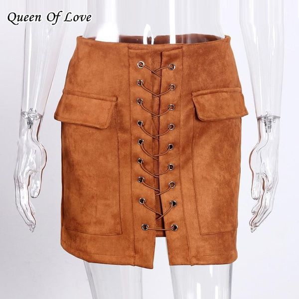 

women front lace up deerskin velvet mini skirt 2020 autumn winter back zipper bandage bodycon high waist skirts ladies1, Black