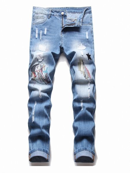 

men ripped contrast stitch patch detail jeans c488#, Blue