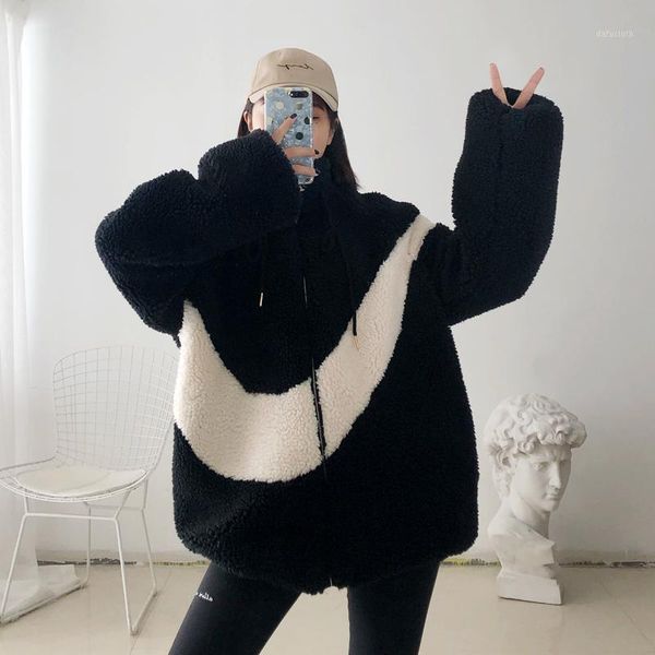 

2020boyfriend style warm thick faux fur teddy hoodies winter designer letter coat oversizes loose shaggy women jackets outerwear1, Black