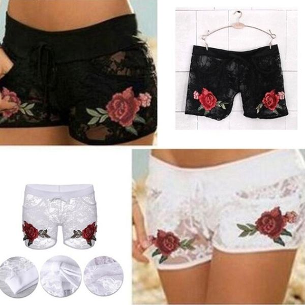 

women's shorts woman elastic flower rose for summer transparent lace hollow polyester material, White;black