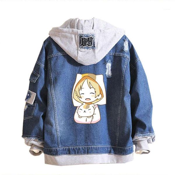 

fashion jeans coat men women spring autumn natsume yuujinchou long sleeve denim jacket hoodie coats1, Black