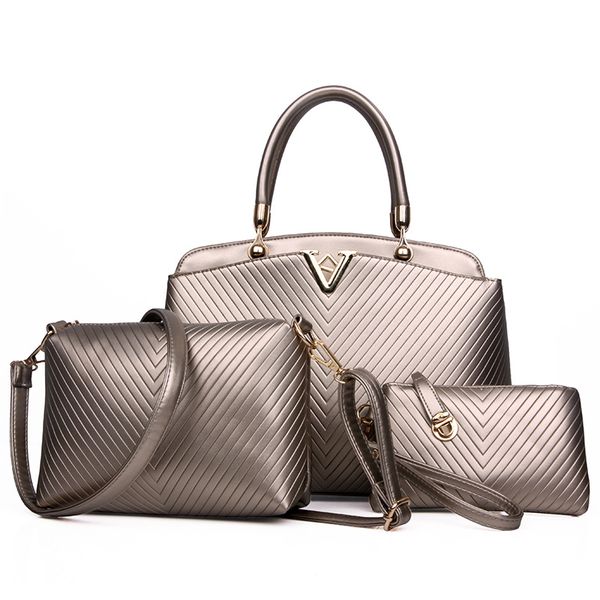 

fashion striped handbag women solid pu leather shoulder bag 3 pcs/set ladies composite tote large capacity crossbody bags female