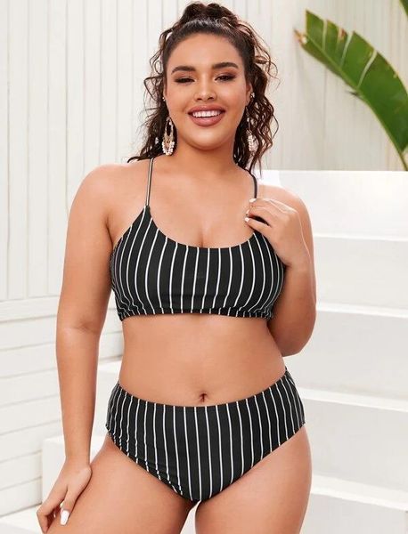 

women stripe printing two piece bikini plus size swimwear tied back spaghetti strap beachwear size l-xxxl, White;black