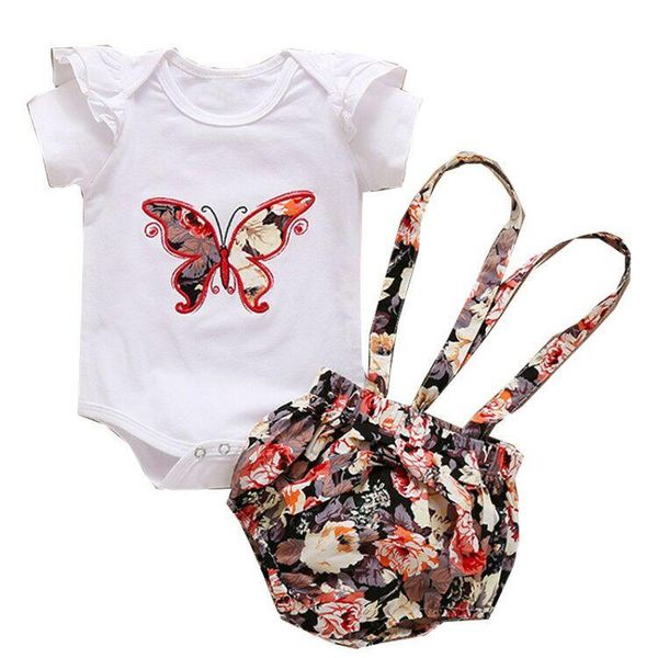 

2021 baby summer clothing infant newborn girl suspenders shorts set butterfly short sleeve romper and print pants 2pcs suit, White