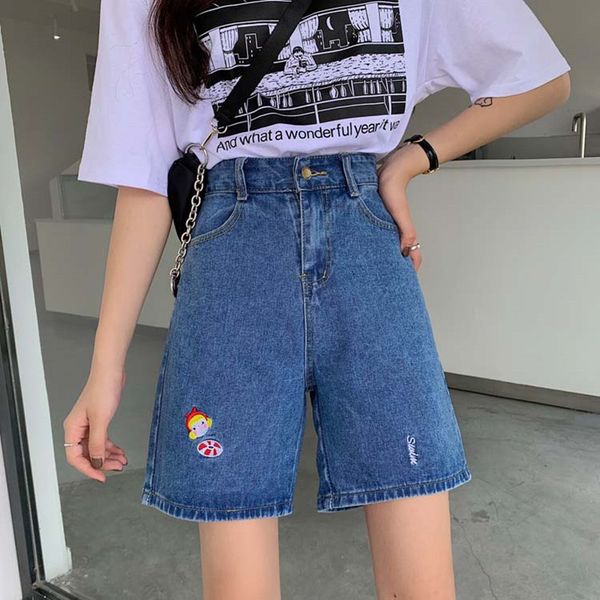 

sml preppy style high waist denim shorts jeans for women 2020 summer ladies cartoon embroidery jeans shorts womens (f8008) c1015, Black;pink