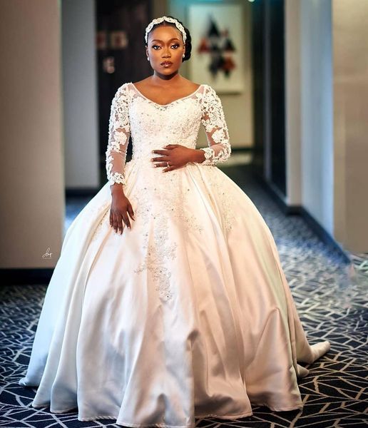 

princess plus size arabic aso ebi lace beaded vintage wedding dresses deep v-neck bridal dresses long sleeves wedding gowns p60, White
