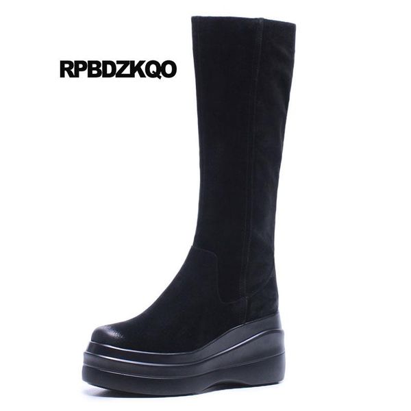 

boots brown luxury flatform side zip ladies knee high tall shoes black muffin fur long winter wedge heel women retro platform