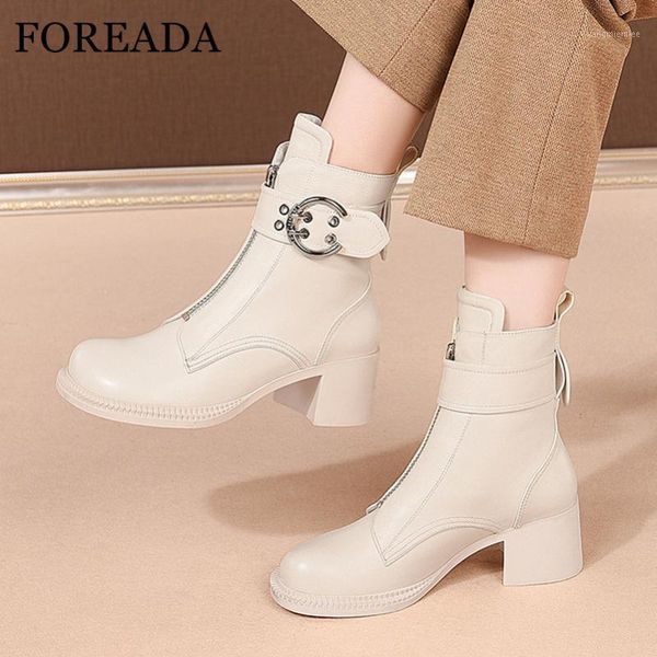 

foreada natural genuine leather ankle boots high heel woman boots thick heel short zip buckle female shoes beige size 411, Black