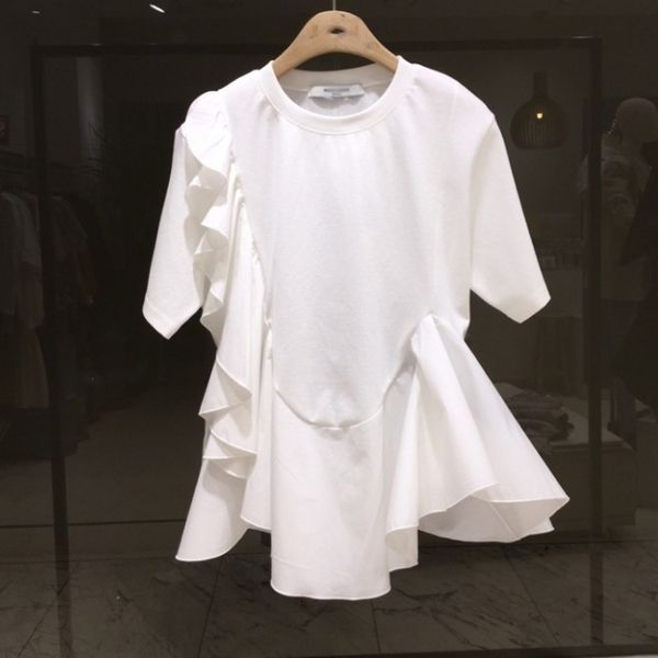

ftt91 east women's with t-shirt gate short sleeve design feeling new summer coat t-shirt loose and versatile hem heart ruffled hem for, White