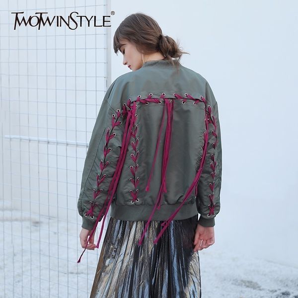 

twotwinstyle autumn bomber coat female jacket cross lace up long sleeve cardigan women's windbreaker casual big sizes sh190722, Black;brown