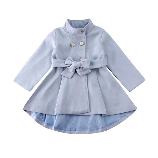 

2020 new fall autumn 12m-5y toddler kid baby girl double breasted bow belt flower buttons trench long sleeve coat windbreaker, Blue;gray