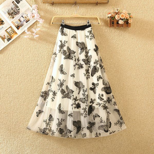 

2021 new quality embroidered womens 3 layers mesh gauze sweet ladies tulle long skirt high waist pleated skirts y186 whtv, Black;gray