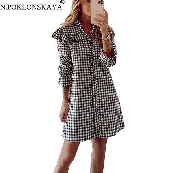 

single-breasted plaid shirt dress women long sleeve turn down collar spring autumn dresses vintage mini dress female1, Black;gray